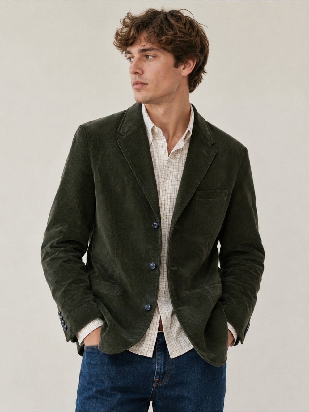 Vintage LL Bean Blazer Jacket Dark Green Corduroy Plaid Lining